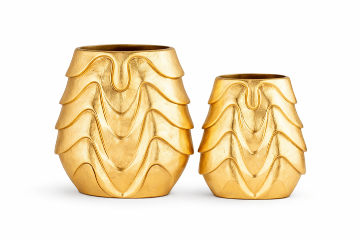 Golden Aluminium Decorative Vase - Oval Shape with Textured Detailing