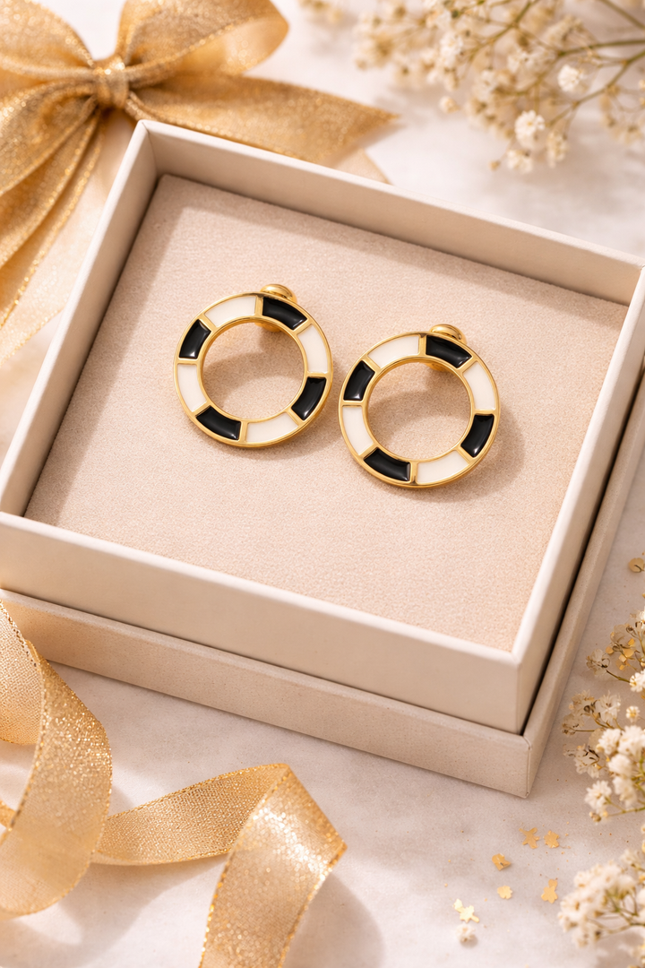 Gold-tone Round Hoops with Black & White Enamel Stud Earrings