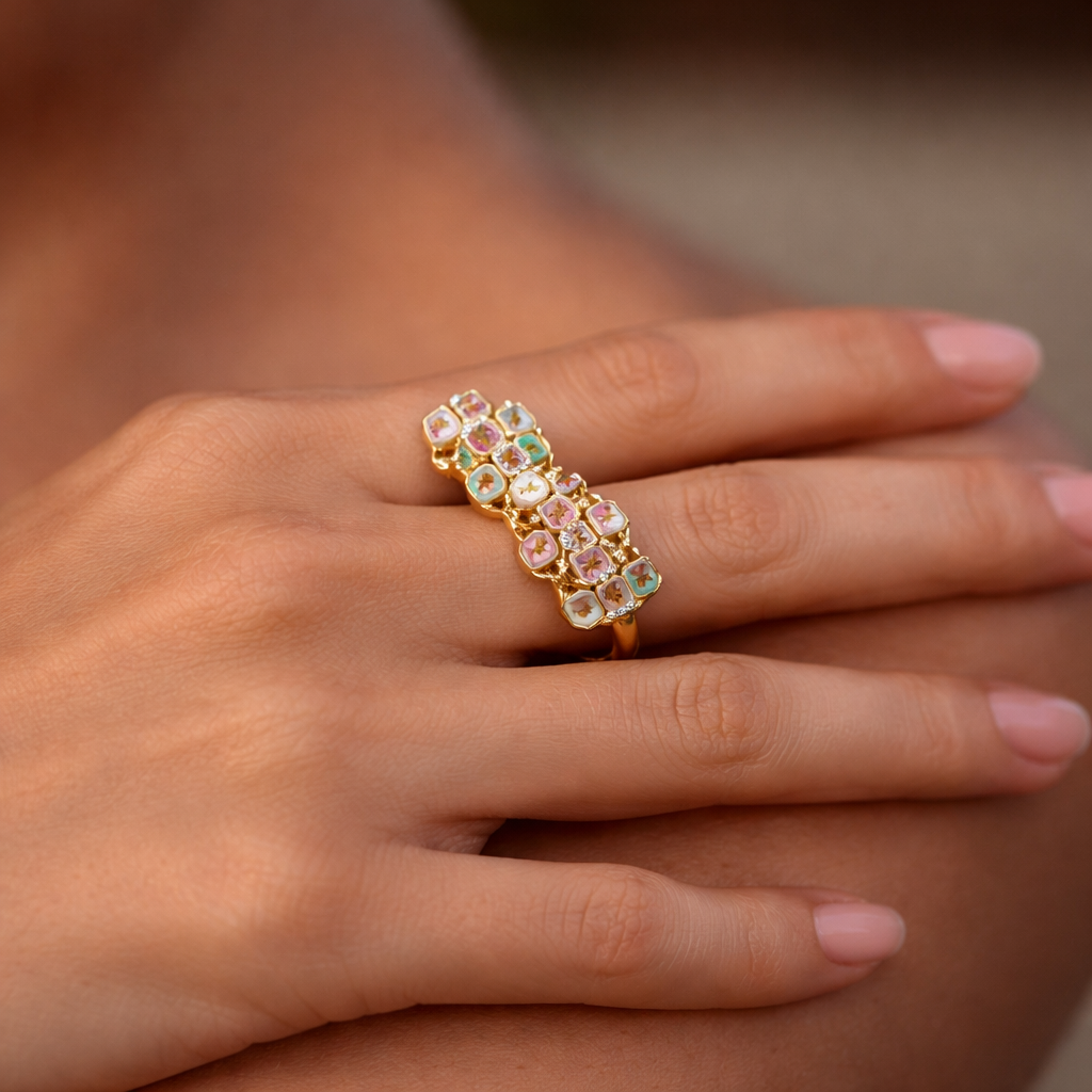 Delicate Hopscotch Design: Gold-Plated Enamel Ring