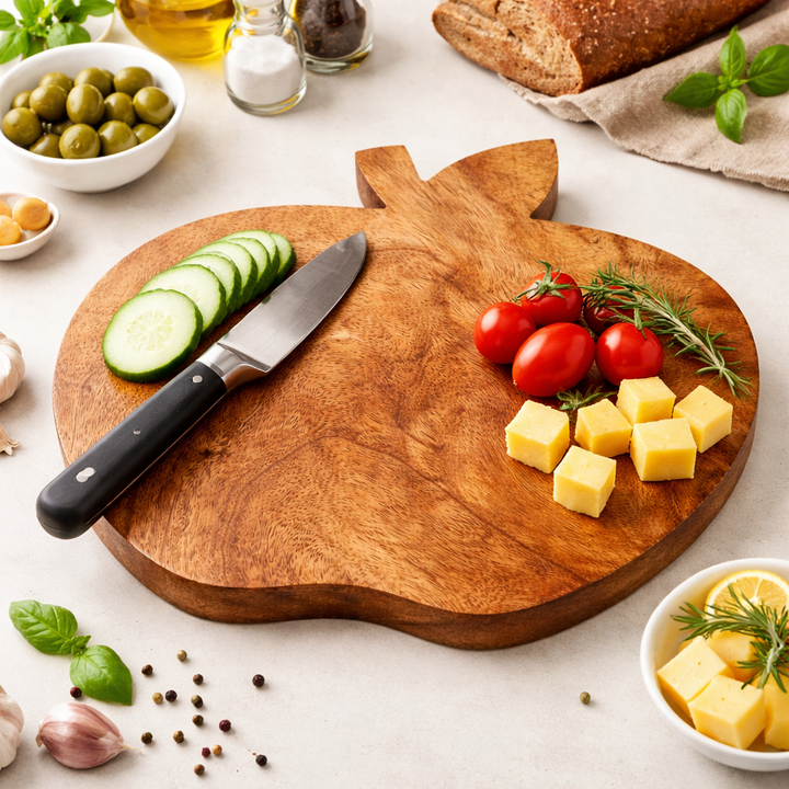 Wooden Apple Shaped Chopping Board | Mango Wood Serving Tray for Kitchen