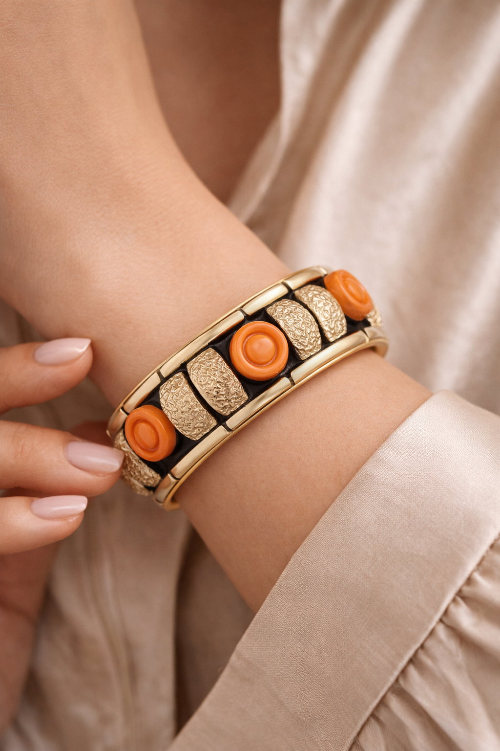 Peach Meringue Burnt Orange Resin & Brass Statement Bangle