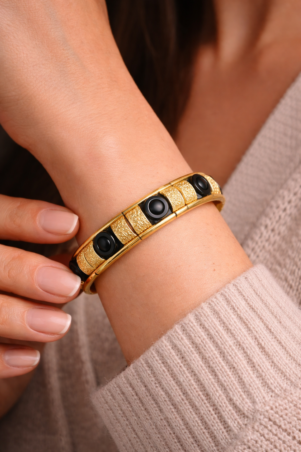 Black Olive Meringue Artisan Black Resin Bead Brass Spacer Bangle