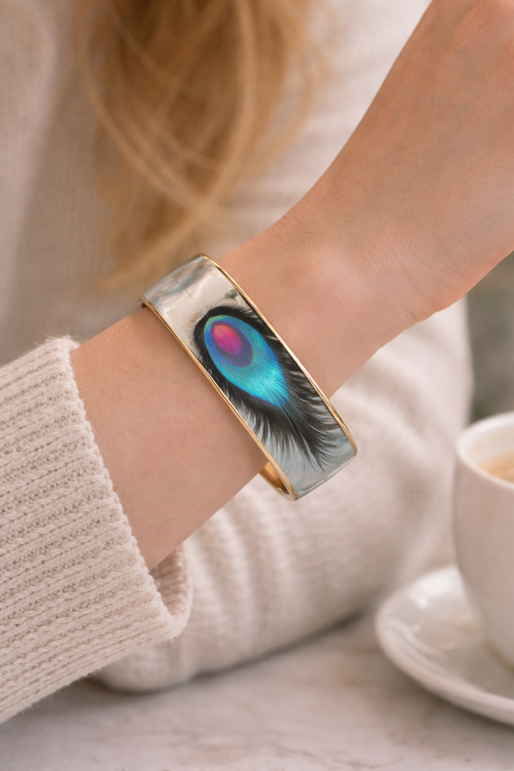 Ocellus Vogue Handcrafted Peacock Blue Pearl Brass Bangle