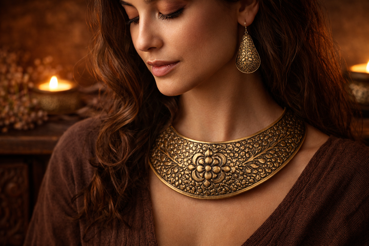 Heritage Craft: Regal Aureate Brass Collar & Earrings Set