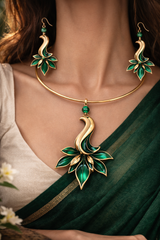 Emerald Drift Handcrafted Brass Pendant & Earrings Set