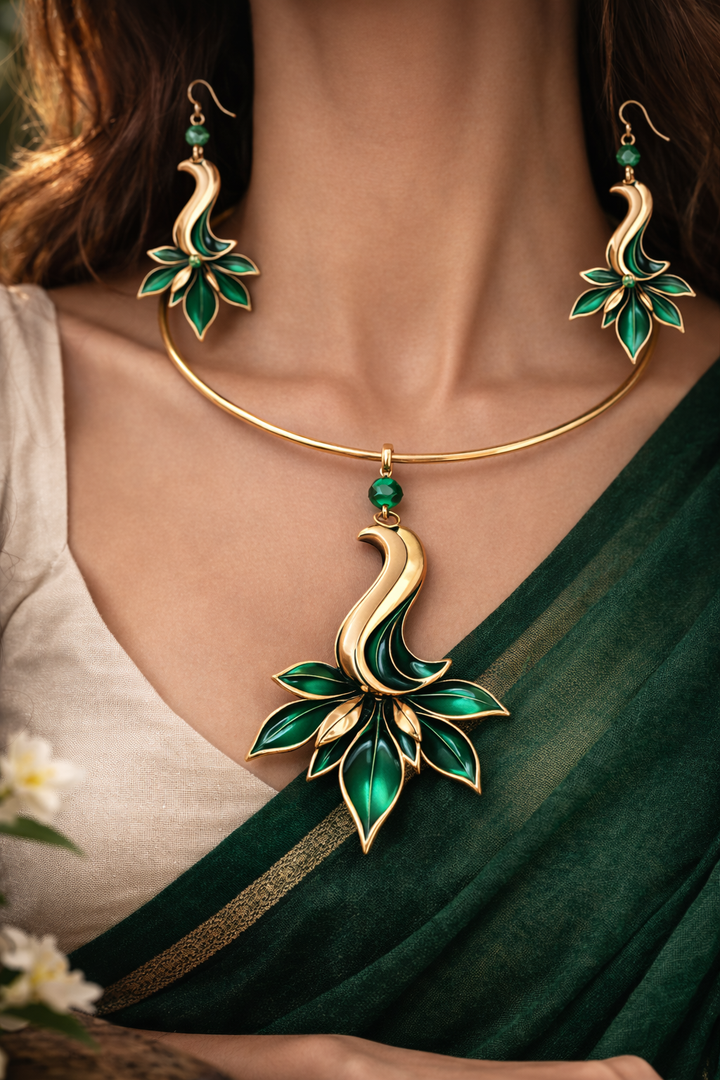 Emerald Drift Handcrafted Brass Pendant & Earrings Set