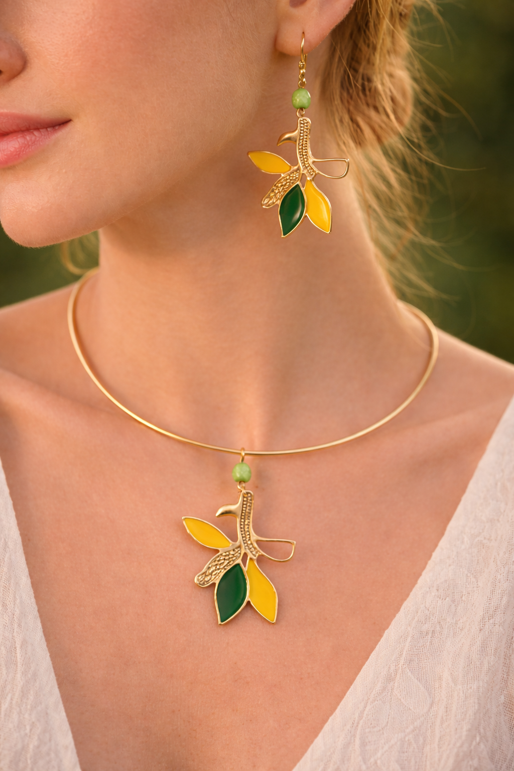 Verdant Flare Handcrafted Brass Pendant & Earrings Set