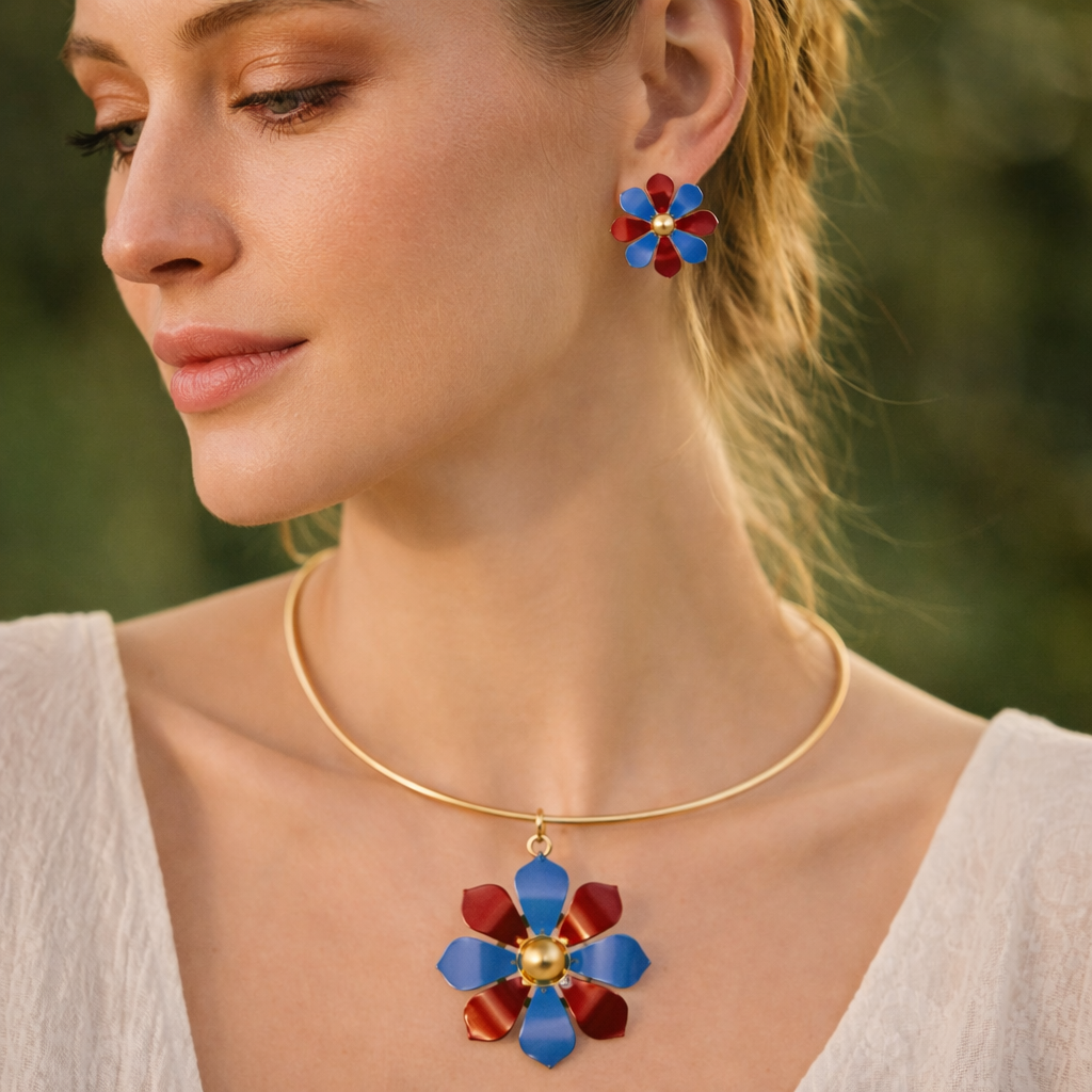 Stylish Bloomflare Duo Brass Jewelry Set with Marina Blue & Tango Red Enamel