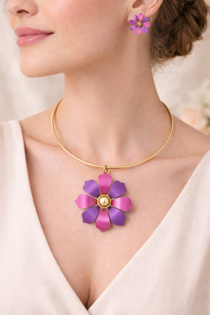 Bloomtide Radiance: Iris Orchid & Fandango Pink Floral Brass Pendant and Earrings"