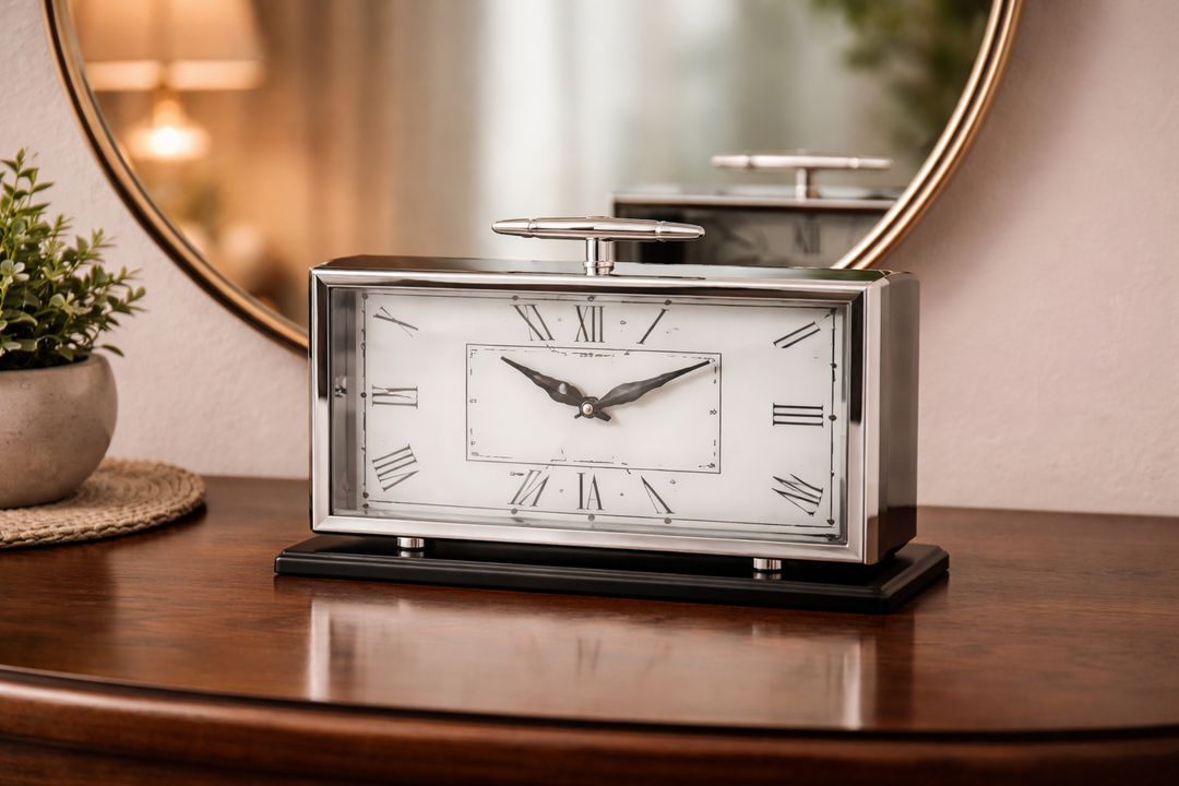 Silver Stainless Steel Table Clock – Premium Desk Décor (43×7×36 cm)  Modern & Minimal