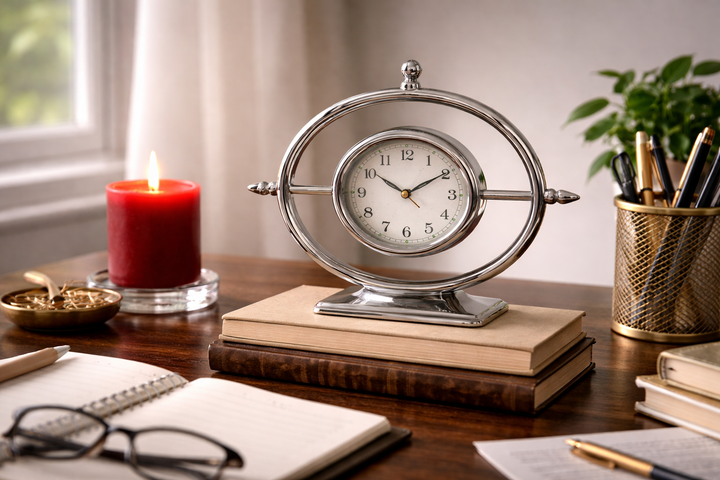 Globe-Inspired Silver Steel Table Clock – Stylish Desk & Shelf Décor