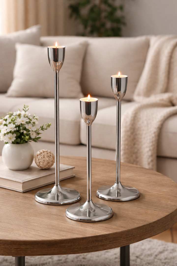 Aluminium Decorative Candle Stand Set of 3 | H-7, 8.5, 11 Inches | Elegant Metal Tealight Holder for Home, Wedding & Festive Gift