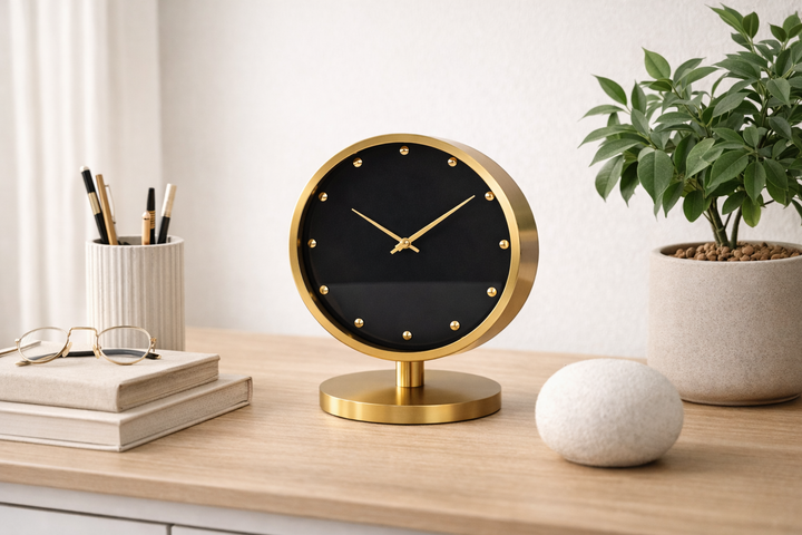 Elegant Round Stainless Steel Table Clock – Golden & Silver Design