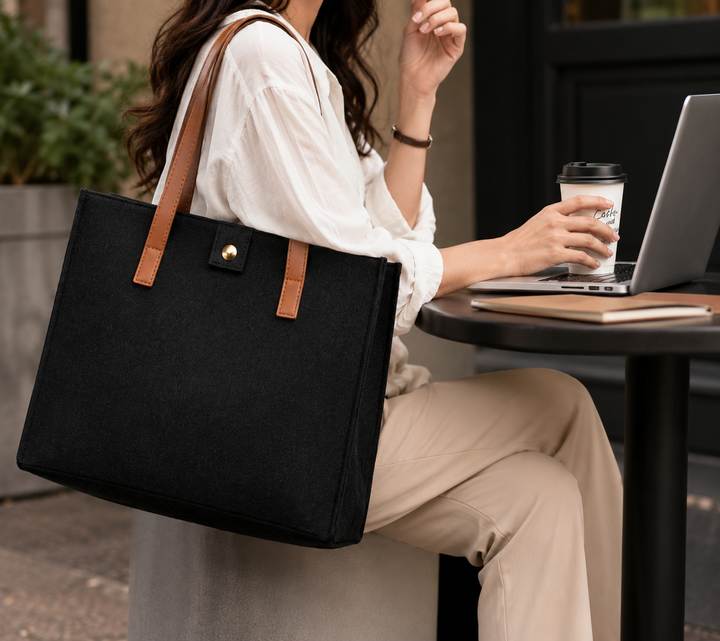 Expobazaar Black Canvas Handbag with Tan Leather Accents