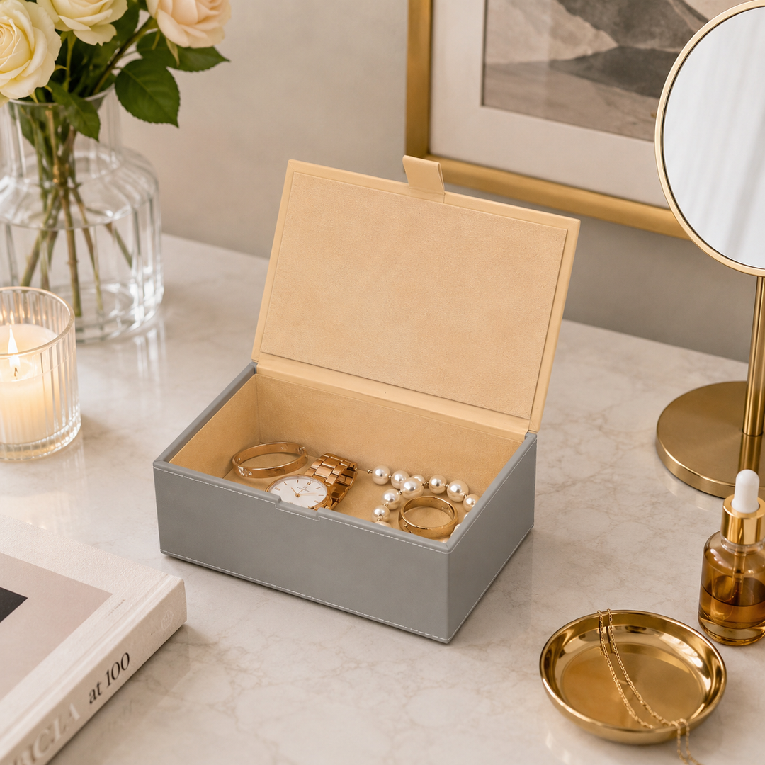 Expobazaar Light Grey Storage Box with Gold Mirror Detail Modern Organiser