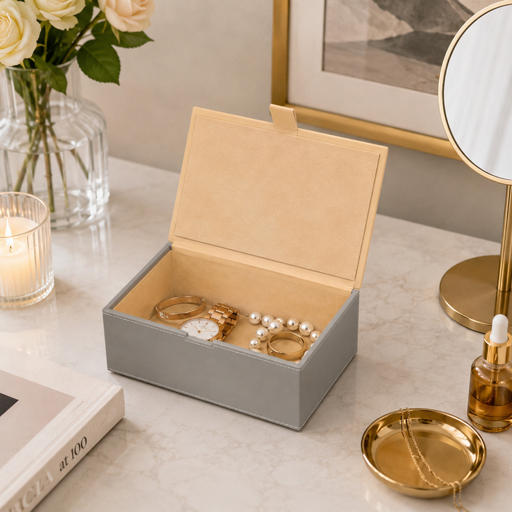 Expobazaar Light Grey Storage Box with Gold Mirror Detail Modern Organiser