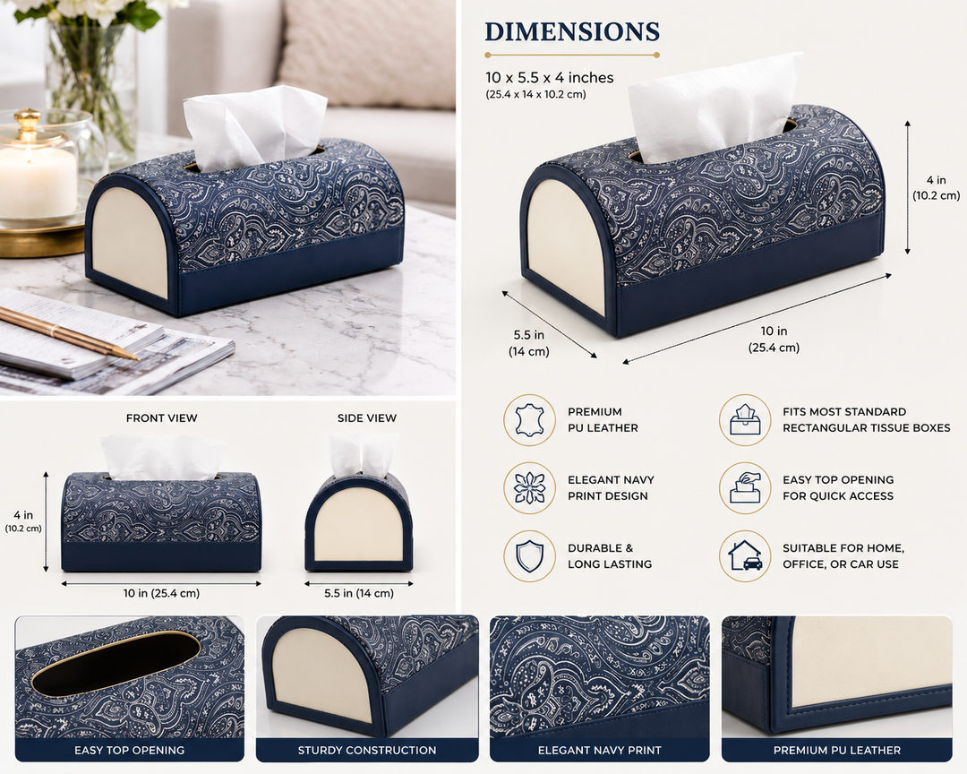 Expobazaar Elegant Navy Printed Leather Tissue Holder