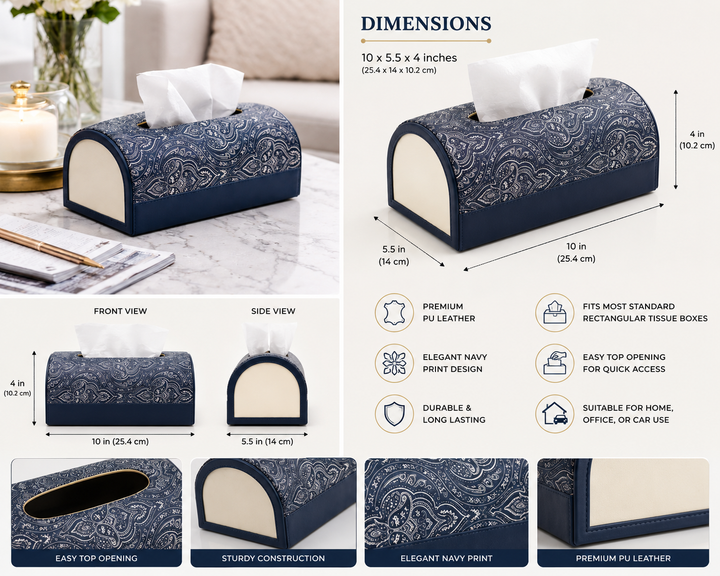Expobazaar Elegant Navy Printed Leather Tissue Holder