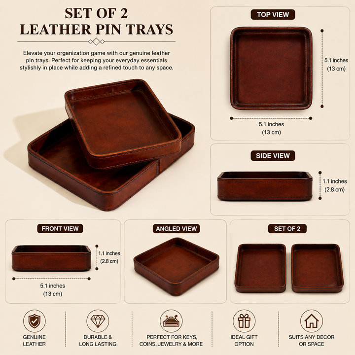Expobazaar Set of 2 Brown Leather Pin Trays Elegant Catchall Organizer