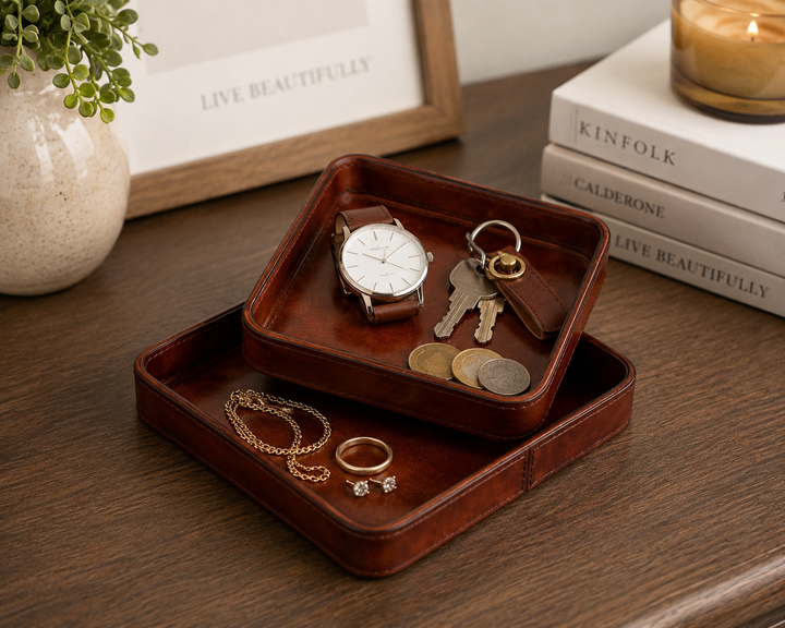 Expobazaar Set of 2 Brown Leather Pin Trays Elegant Catchall Organizer