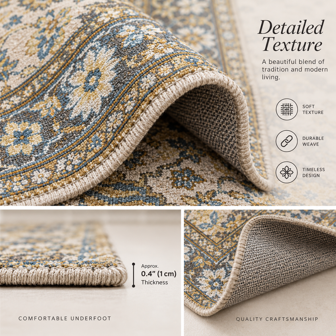 Expobazaar Washable  Grey Gold Persian Medallion | Rug in a Box