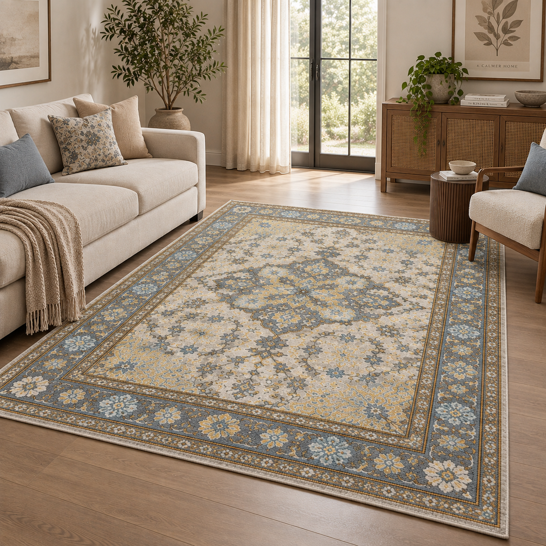 Expobazaar Washable  Grey Gold Persian Medallion | Rug in a Box