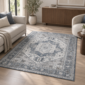 Expobazaar Washable Vintage Grey Blue Medallion | Rug in a Box