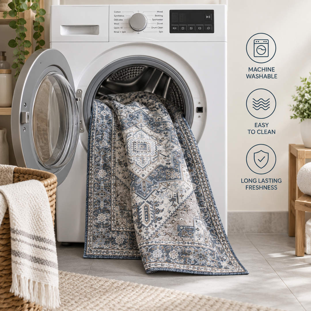 Expobazaar Washable Vintage Grey Blue Medallion | Rug in a Box