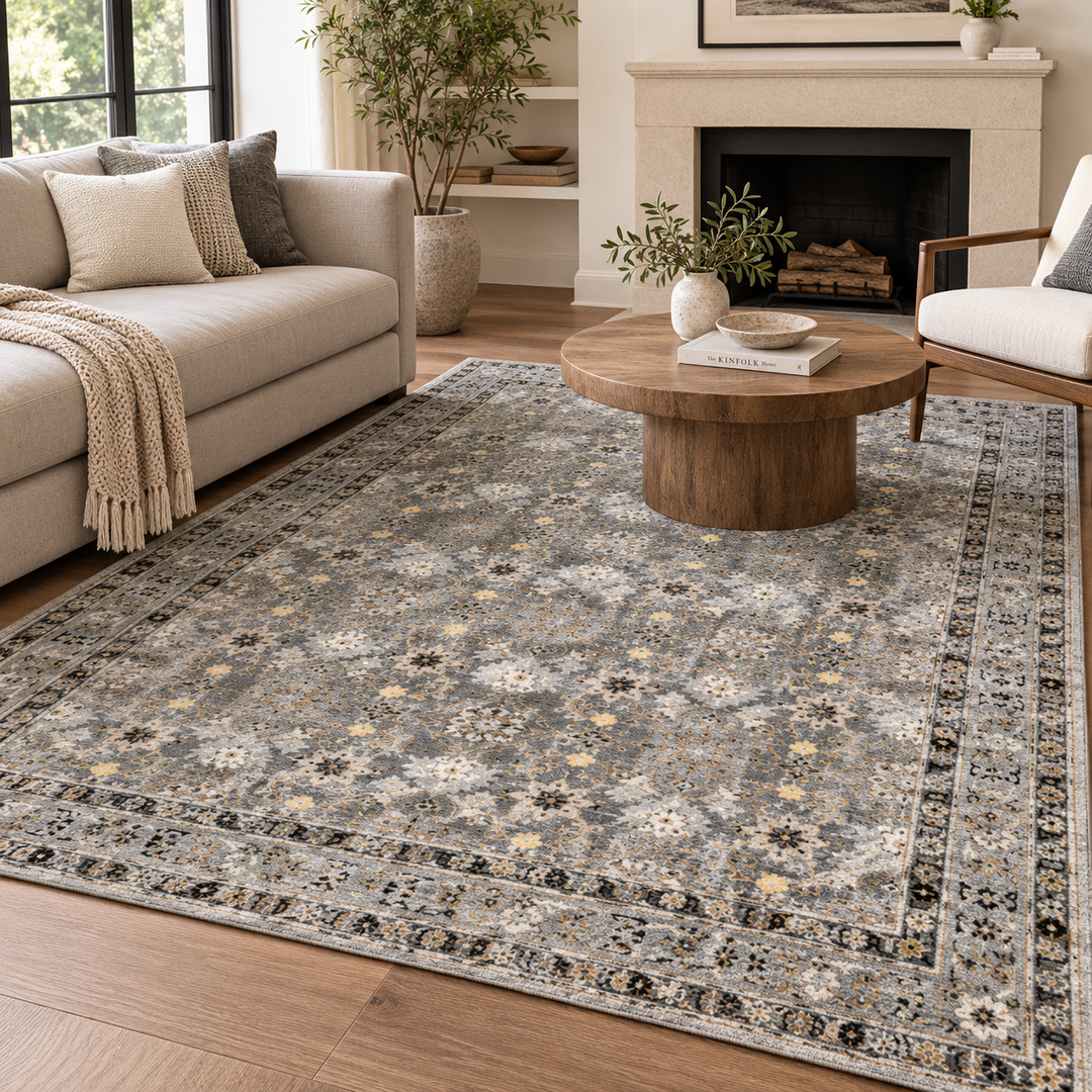 Expobazaar Washable Grey Taupe Persian Floral Rug | Rug in a Box