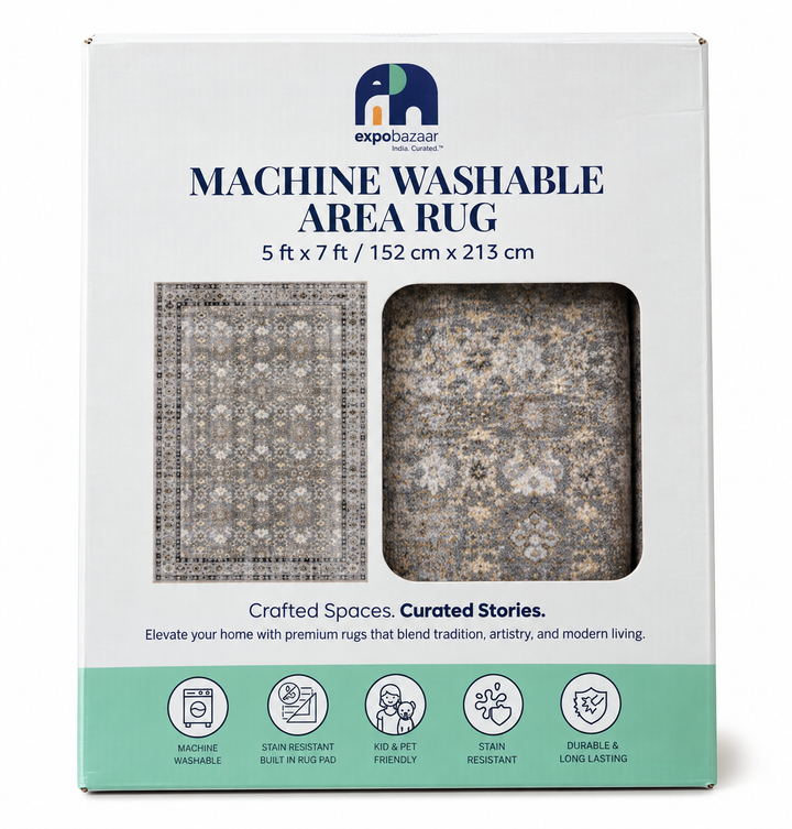 Expobazaar Washable Grey Taupe Persian Floral Rug | Rug in a Box