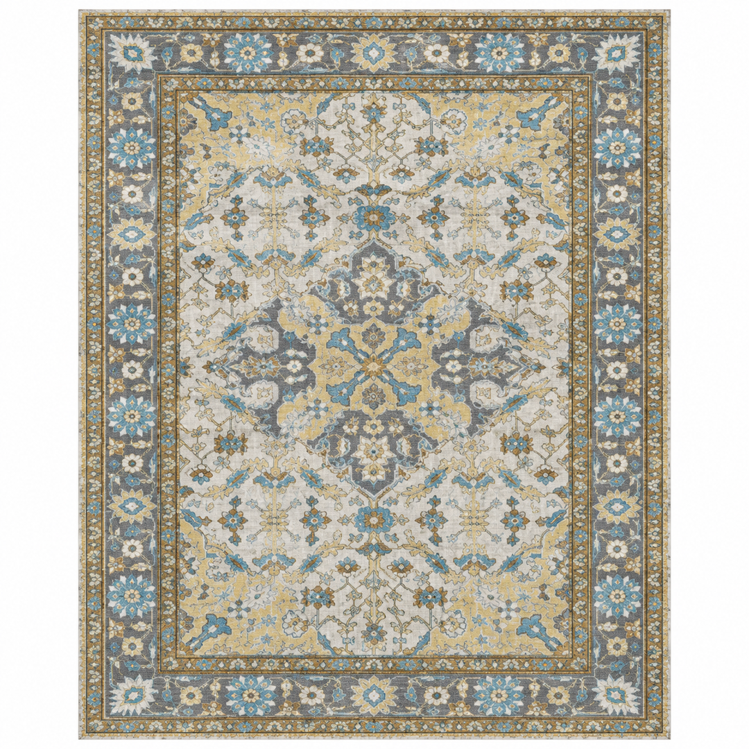 Expobazaar Washable  Grey Gold Persian Medallion | Rug in a Box