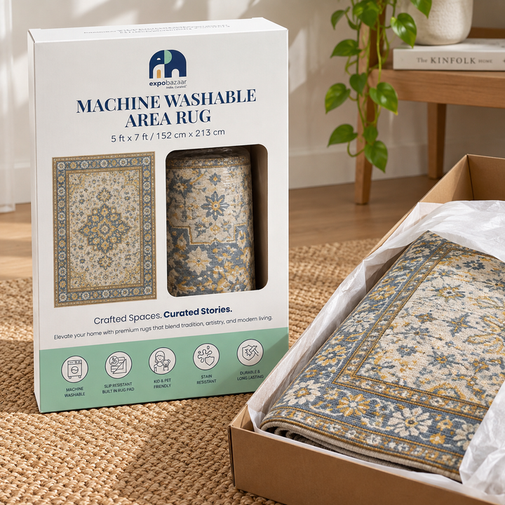Expobazaar Washable  Grey Gold Persian Medallion | Rug in a Box