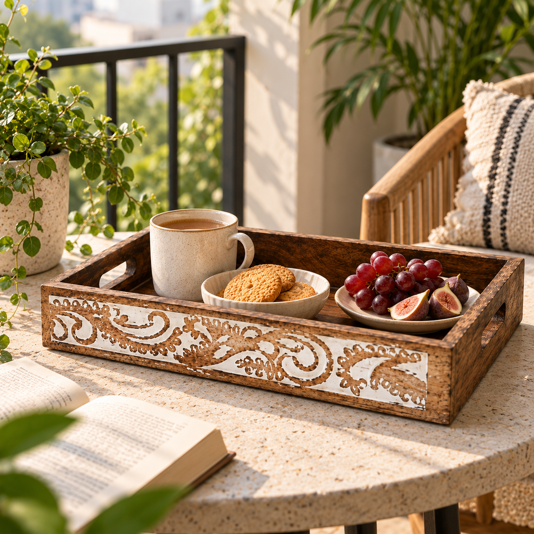 Wooden Side Carved Tray Set of 2 Decorative Serving Trays