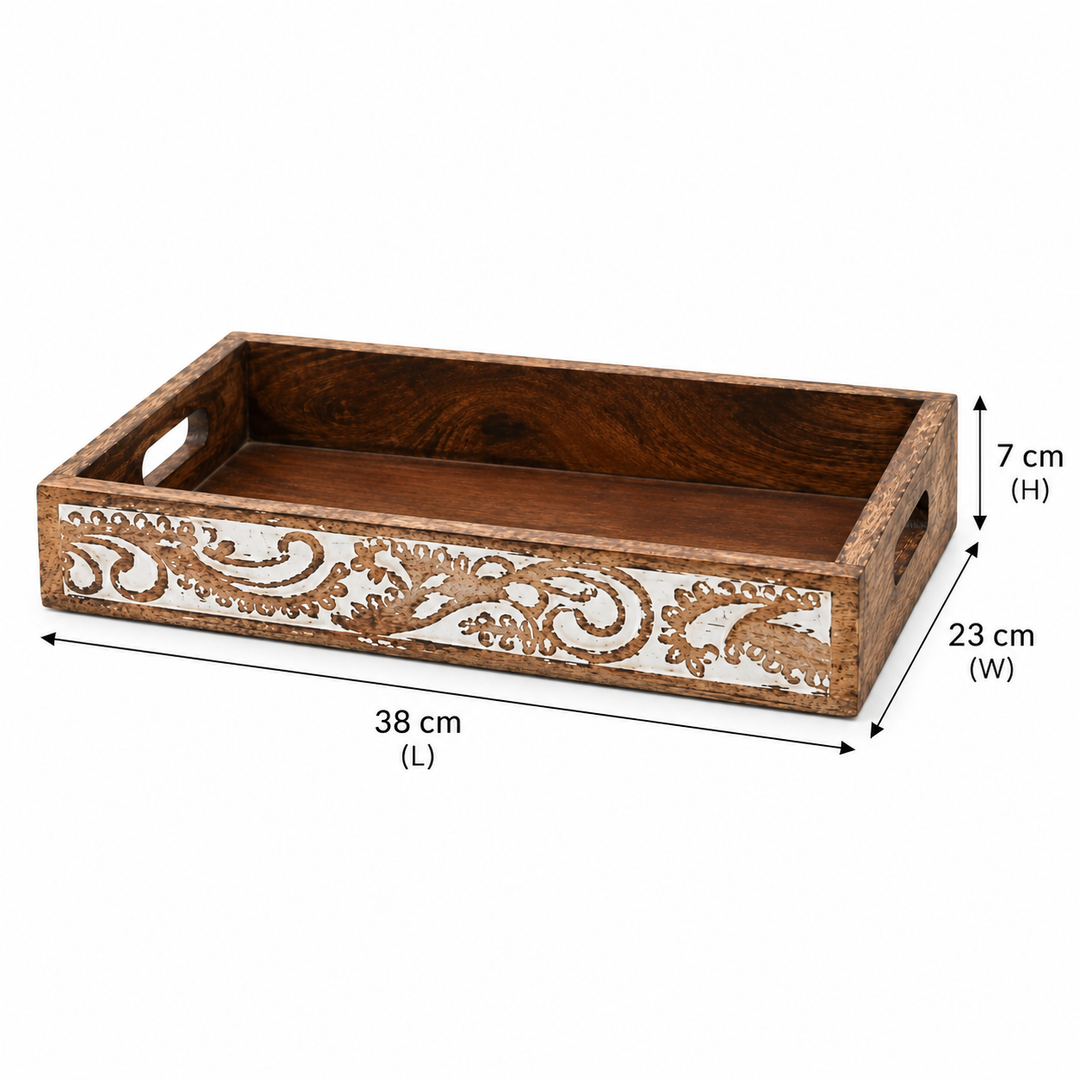 Wooden Side Carved Tray Set of 2 Decorative Serving Trays