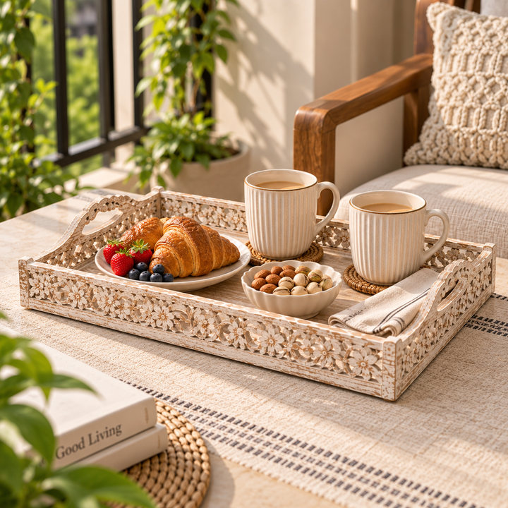 Wooden Hand-Carved Inlay Trays for Serving & Décor Set of 2