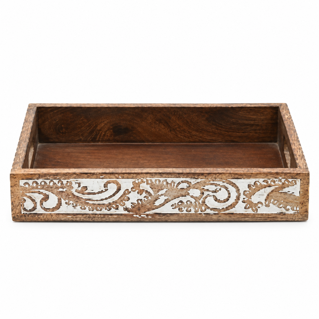 Wooden Side Carved Tray Set of 2 Decorative Serving Trays