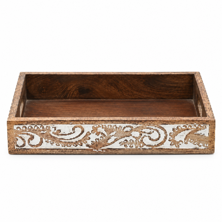 Wooden Side Carved Tray Set of 2 Decorative Serving Trays
