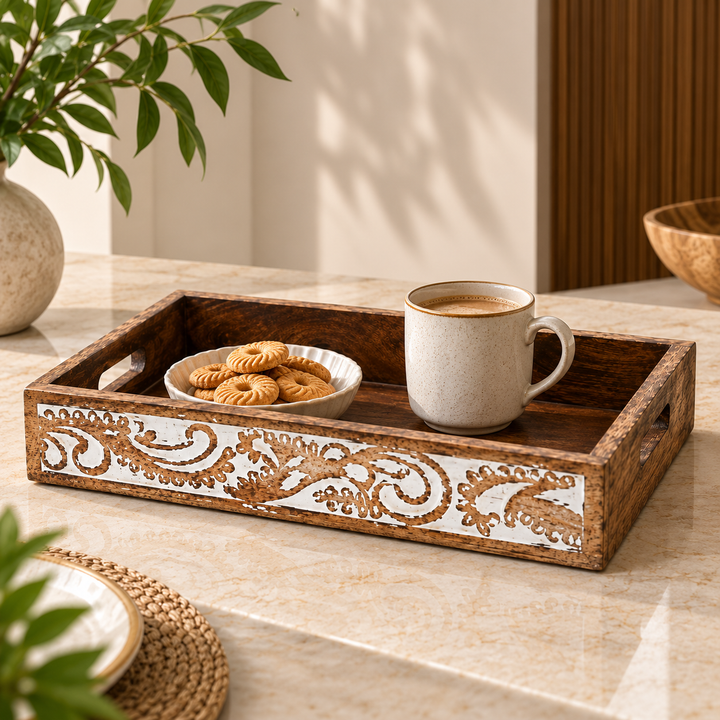 Wooden Side Carved Tray Set of 2 Decorative Serving Trays