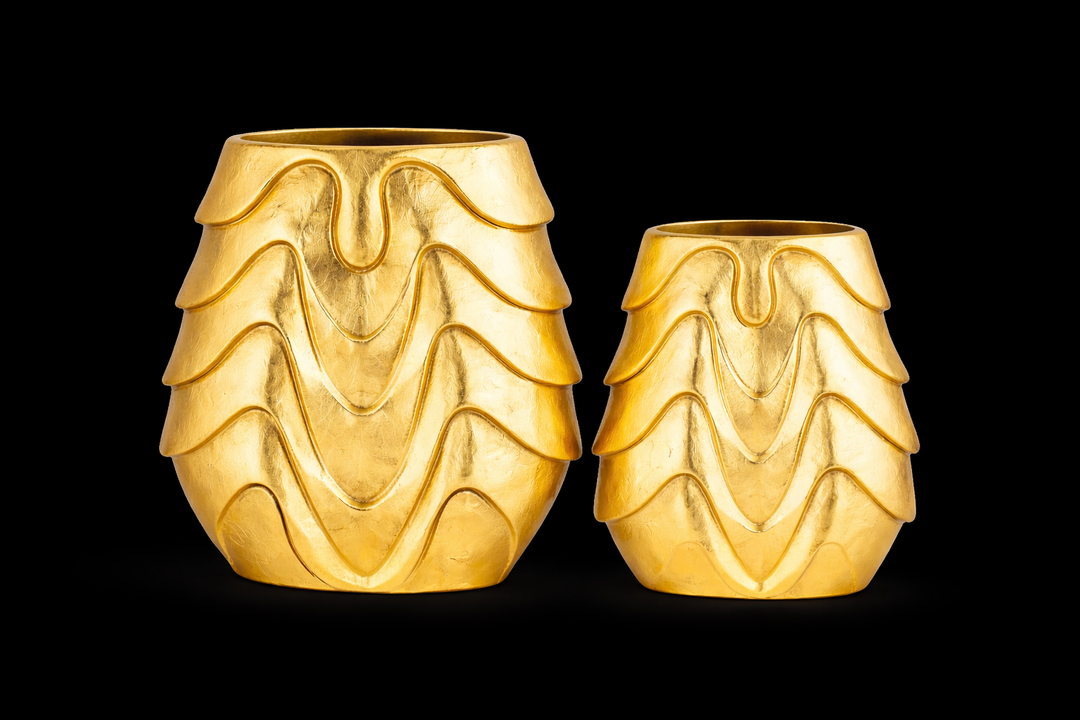 Golden Aluminium Decorative Vase - Oval Shape with Textured Detailing