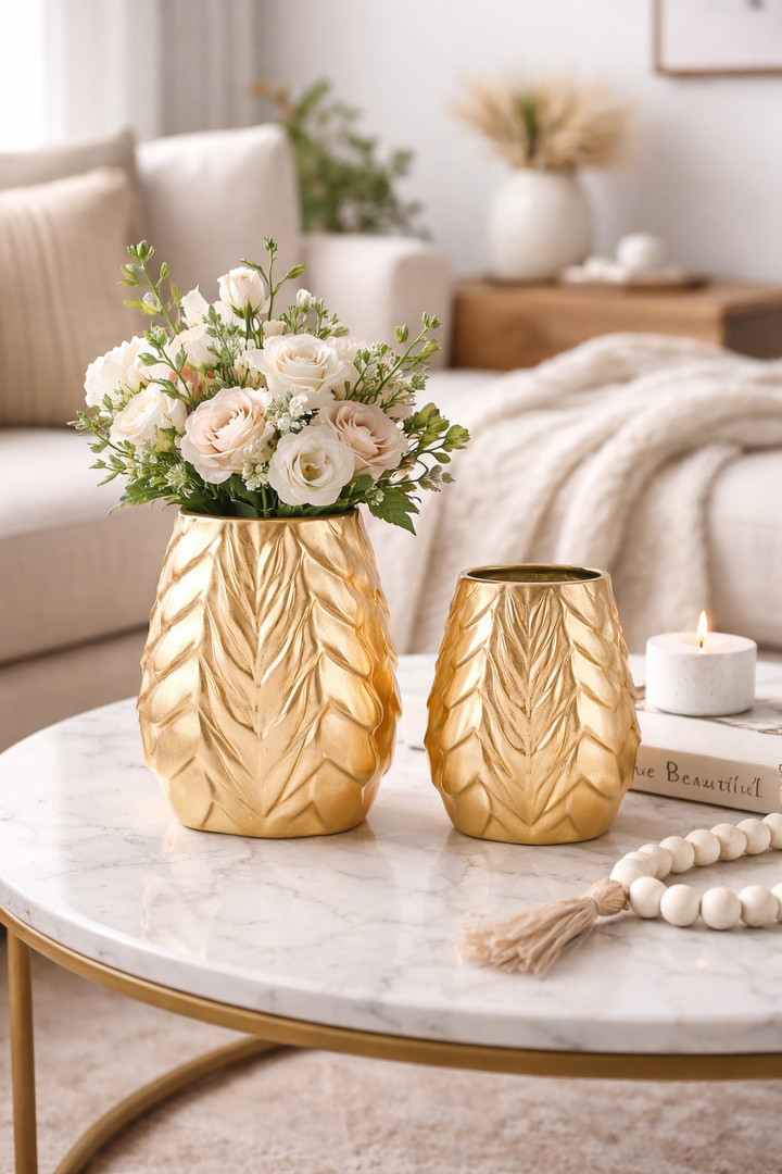 Golden Aluminium Decorative Vase - Oval Shape with Textured Detailing