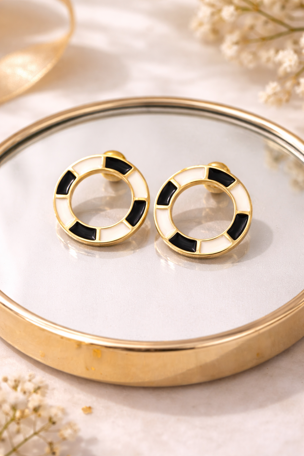 Gold-tone Round Hoops with Black & White Enamel Stud Earrings