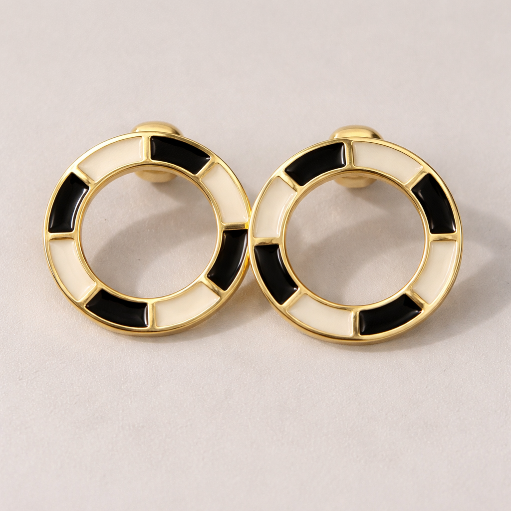Gold-tone Round Hoops with Black & White Enamel Stud Earrings