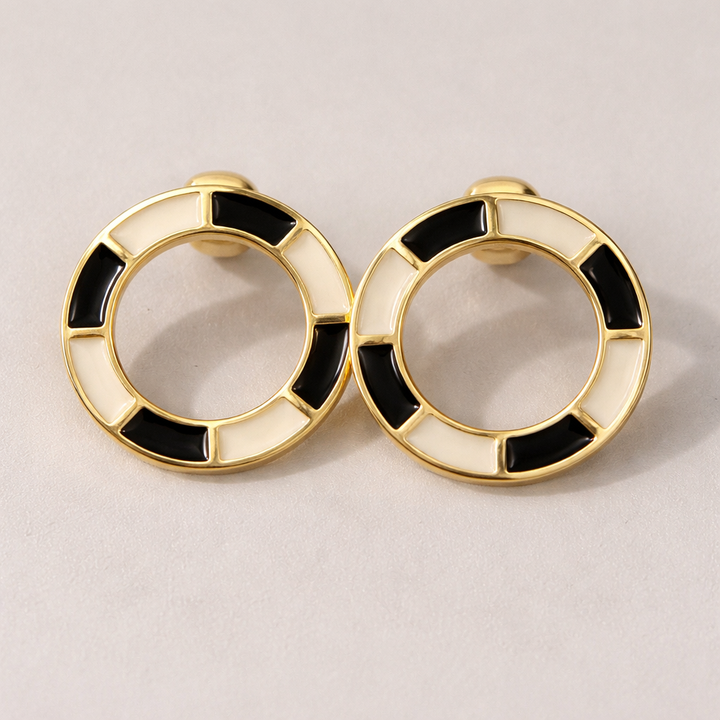 Gold-tone Round Hoops with Black & White Enamel Stud Earrings