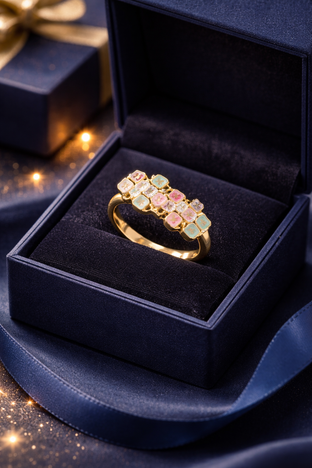 Delicate Hopscotch Design: Gold-Plated Enamel Ring