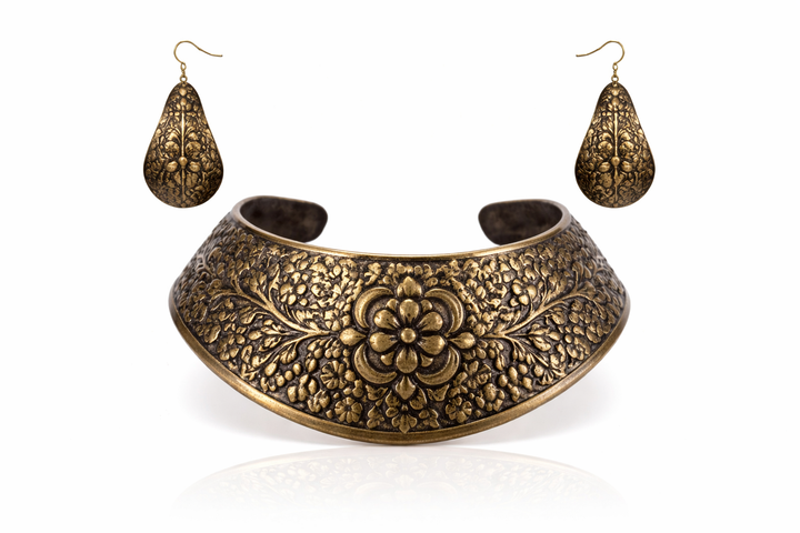 Heritage Craft: Regal Aureate Brass Collar & Earrings Set