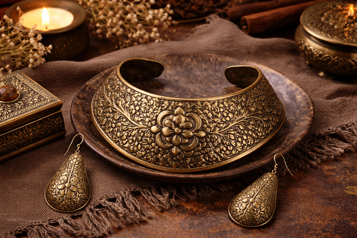 Heritage Craft: Regal Aureate Brass Collar & Earrings Set