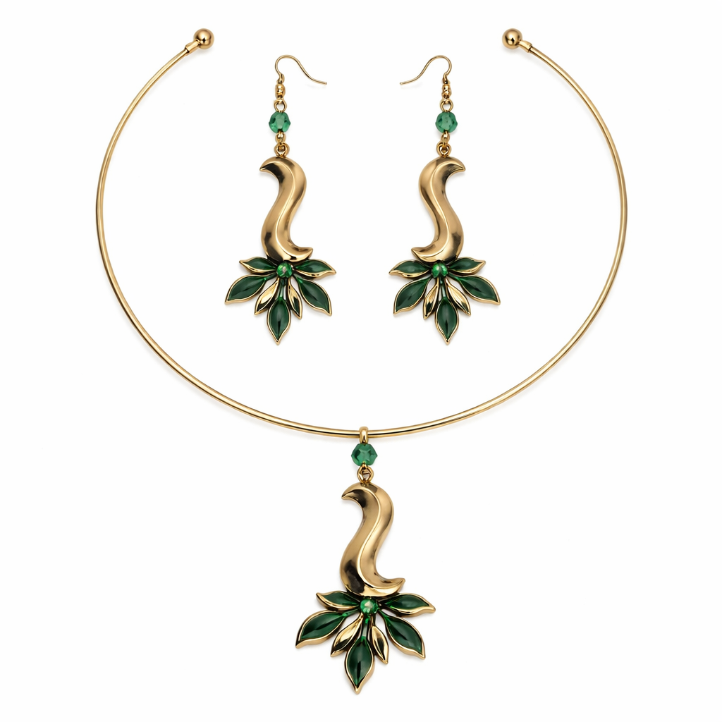Emerald Drift Handcrafted Brass Pendant & Earrings Set