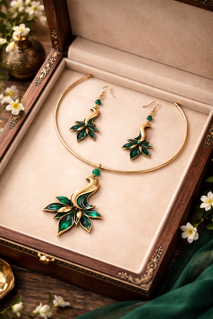 Emerald Drift Handcrafted Brass Pendant & Earrings Set