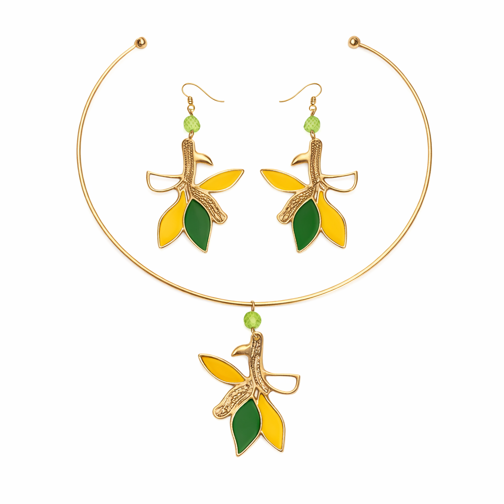 Verdant Flare Handcrafted Brass Pendant & Earrings Set