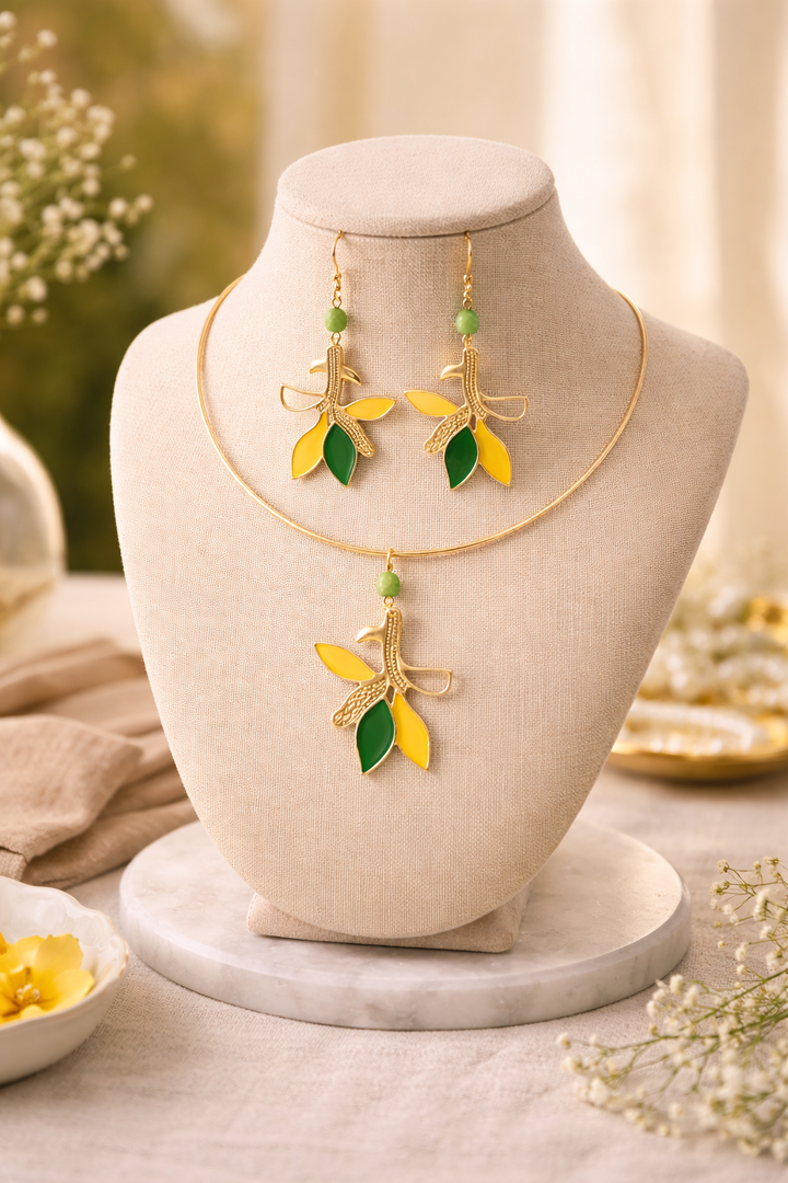 Verdant Flare Handcrafted Brass Pendant & Earrings Set